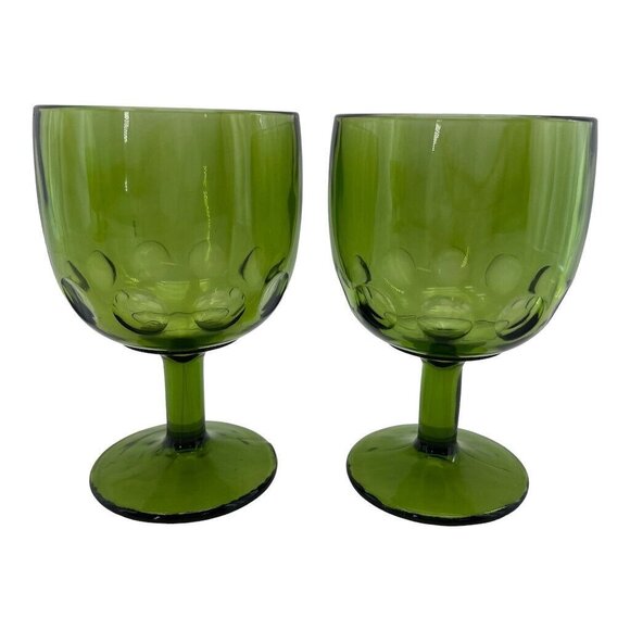 Set Of 4 Green Coin Dot Bartlett Collins Goblets Footed Thumbprint Pedestal Glas - Picture 6 of 13